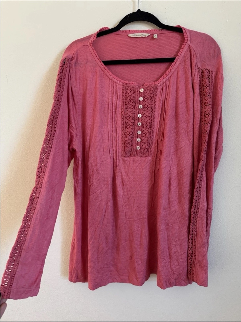 Soft Surroundings Pink Crochet Flower Boho Long Sleeve Blouse Top Size XL